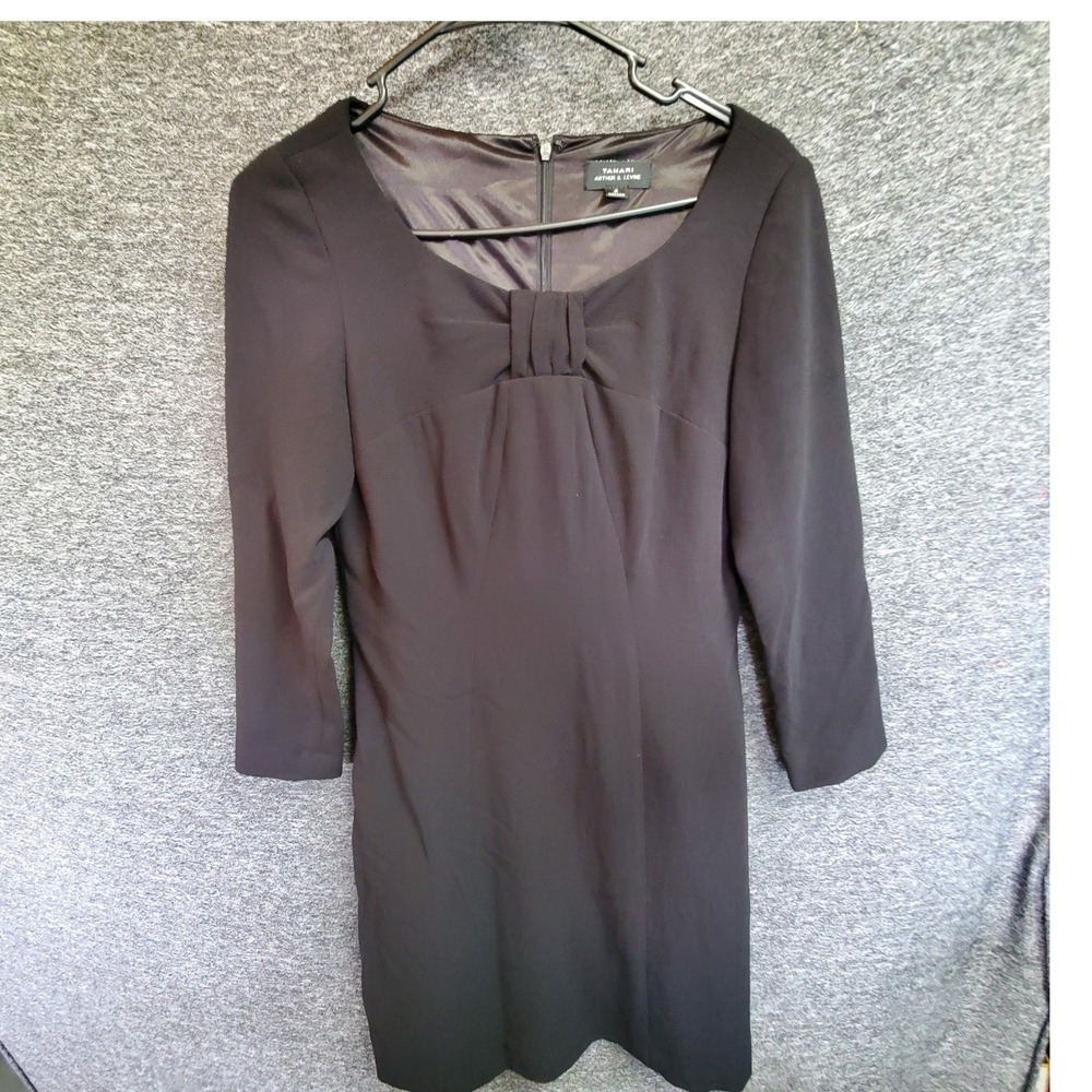 Tahari Arthur S Levine Black Sheath Dress Size 4 Knot Neck 3/4 Sleeve LBD